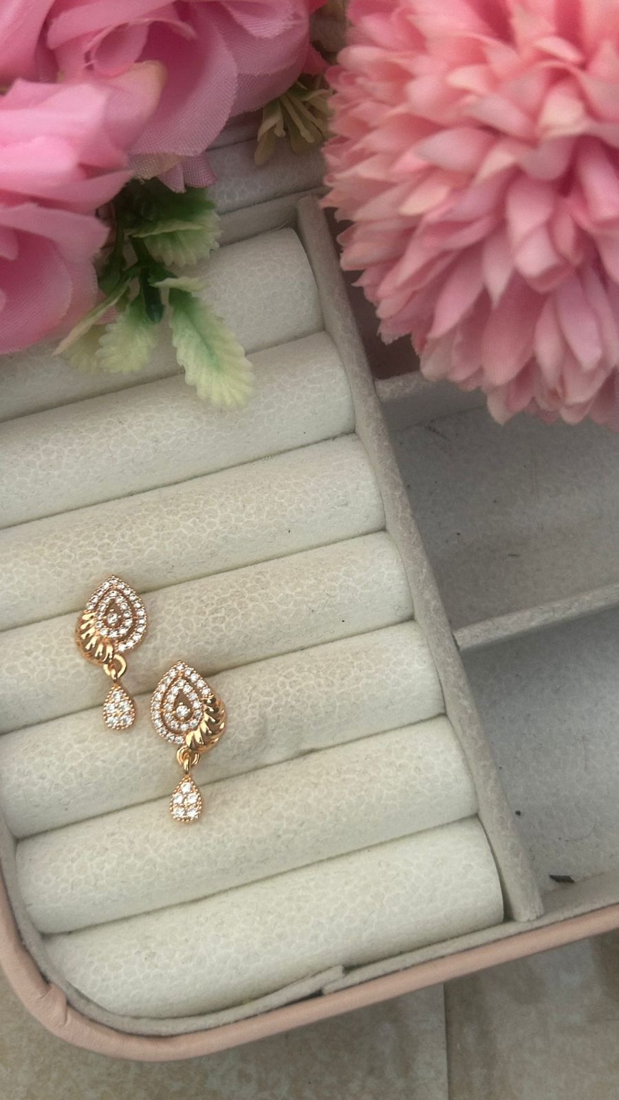 Gold-Plated Paisley Drop Earrings – Tear-Shaped Stone Dangler with CZ Studded Design