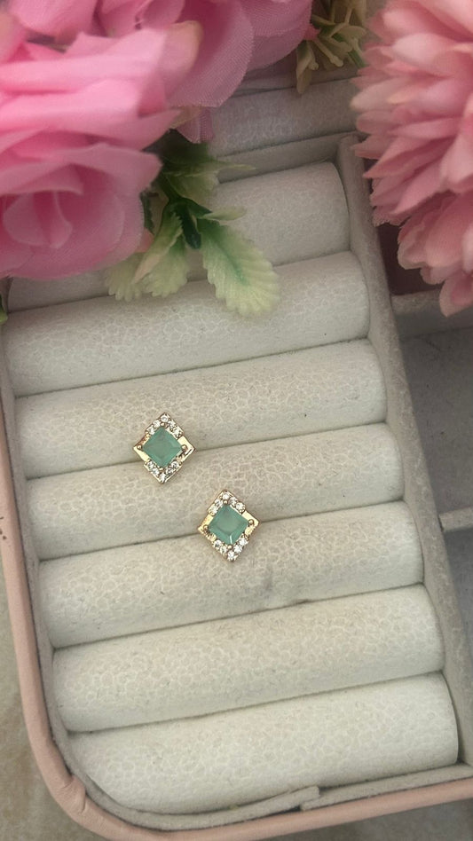 Princess-Cut Stud Earrings – Gold-Plated Square Frame with CZ Halo