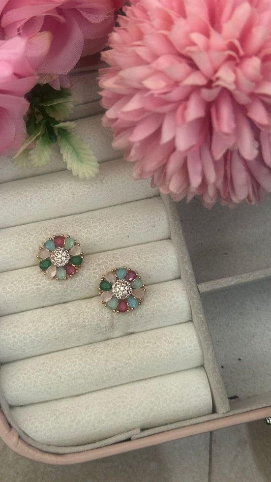 Bloom Radiance Studs – Multicolor Floral Stone Earrings with CZ Center