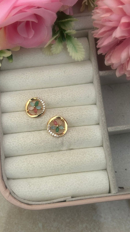 Round Floral CZ Stud Earrings – Gold-Plated Multicolor Petal Studs with Stone Crescent Design
