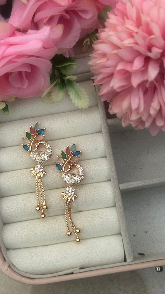 Multicolor Stone Peacock Drop Earrings – Gold-Plated CZ Studded Jhumki with Hanging Tassels