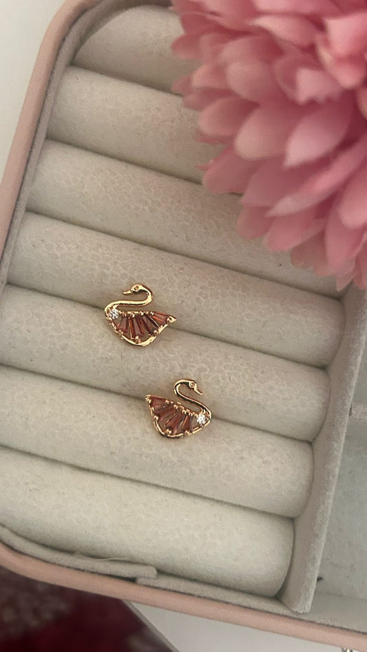 Red Stone Swan Earrings – Gold-Plated Studs with Baguette Crystals for Girls