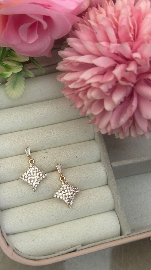 Star Sparkle Drop Earrings – Diamond-Shaped CZ Studded Danglers in Gold Finish