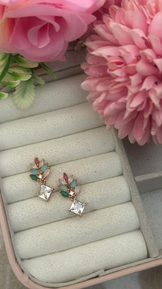 Gem Garden Drop Earrings – Multicolor Leaf Design with Princess-Cut CZ