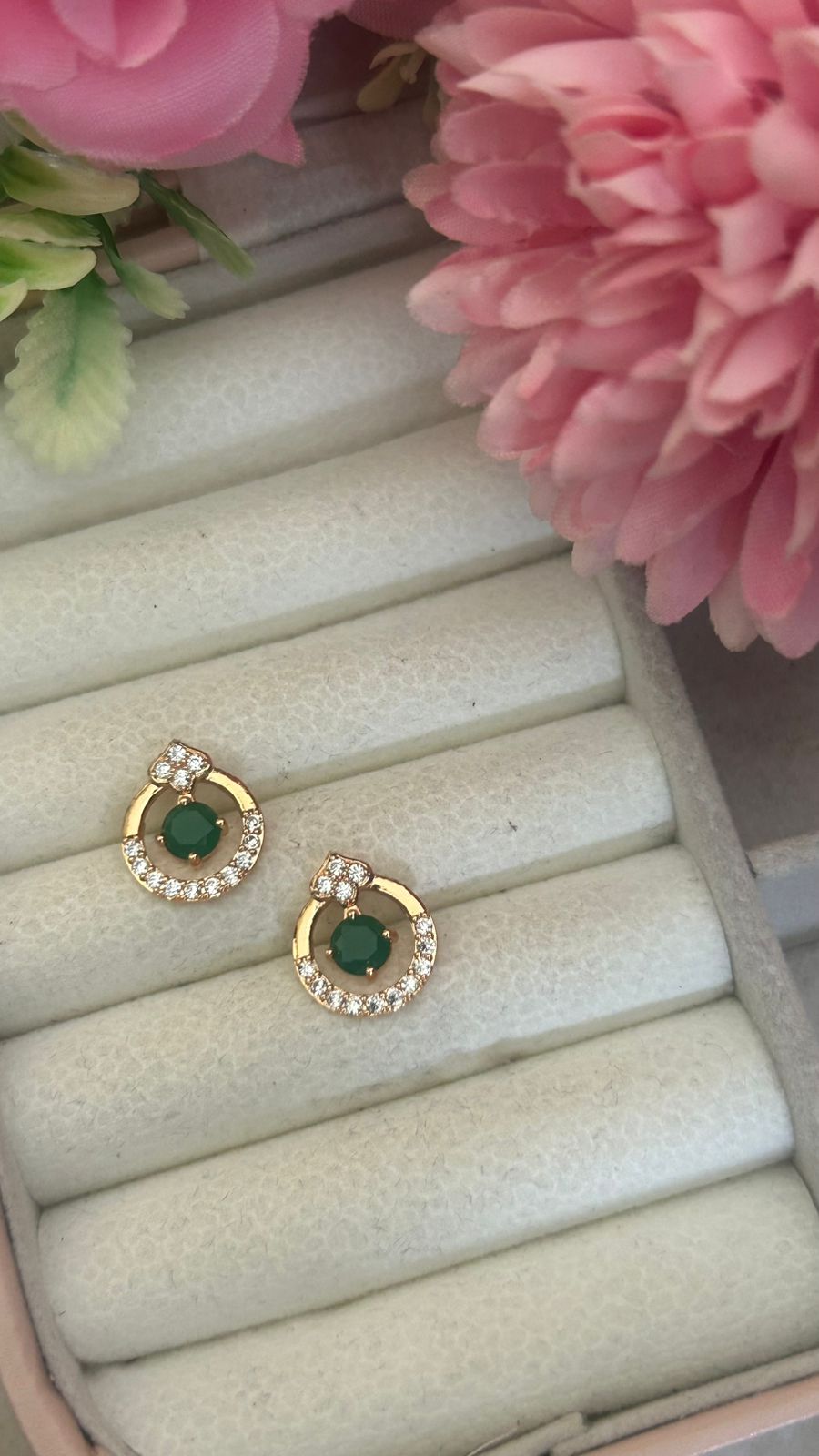 Emerald Halo Circle Stud Earrings – Gold-Plated Round CZ Accents for Elegant Everyday
