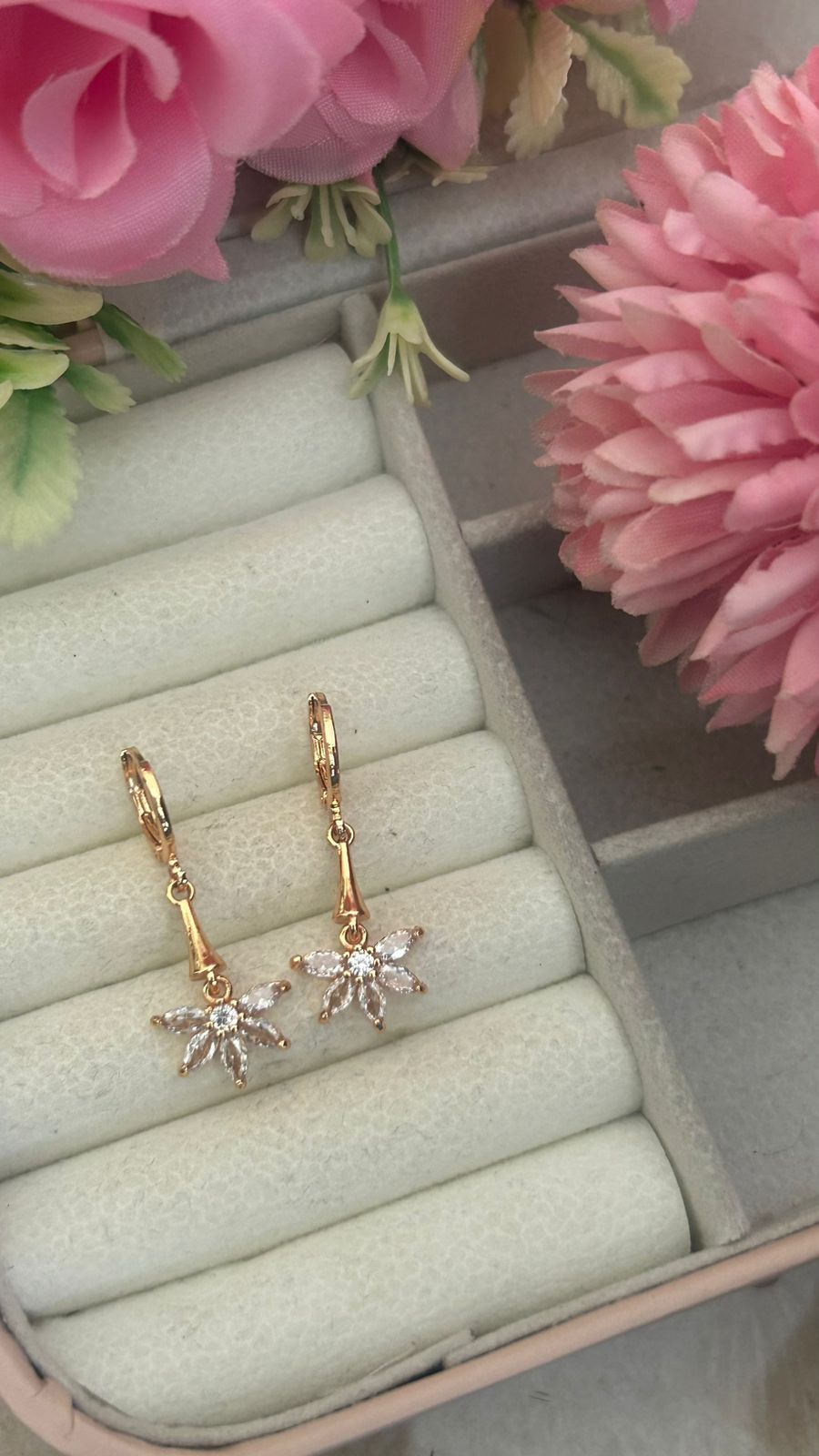 Crystal Bloom Drop Earrings – Gold-Plated Floral Danglers with CZ Petals