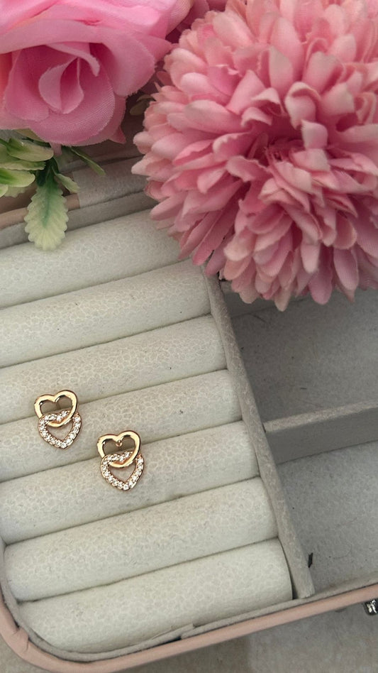Gold-Plated Double Heart Stud Earrings – Interlocked Design with CZ Stone Detailing