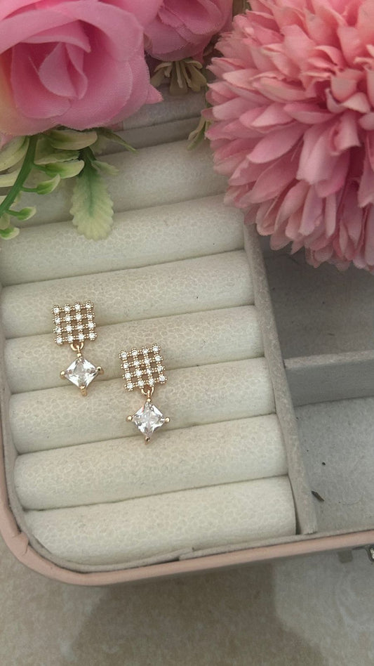 Princess Cut Drop Earrings with Grid Top