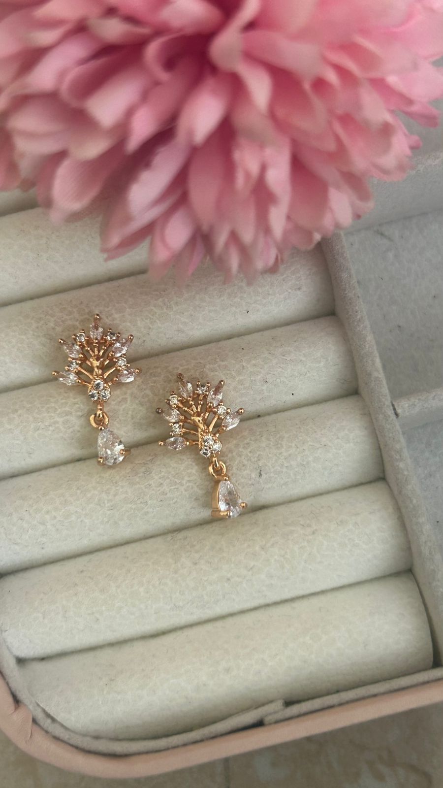 Crystal Plume Drop Earrings – Elegant Fan Sparkle Studs in Gold Finish