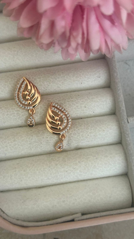 Golden Dewdrop Leaf Earrings – Sparkling Teardrop CZ Studs in Elegant Gold Finish