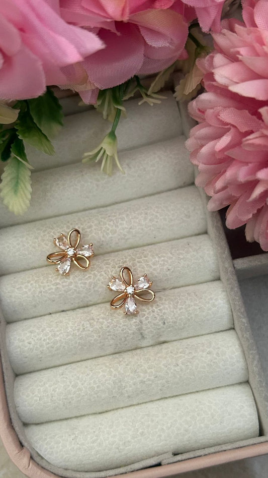 Floral Loop CZ Stud Earrings – Elegant Petal Design with Gold Finish