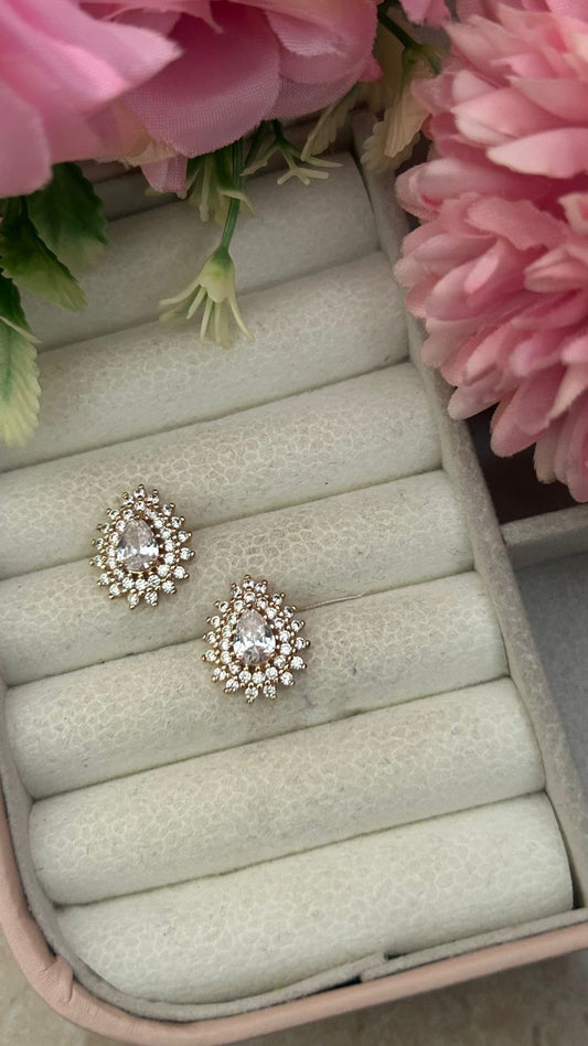 Vintage Teardrop CZ Stud Earrings – Gold-Plated Halo Sparkle Design