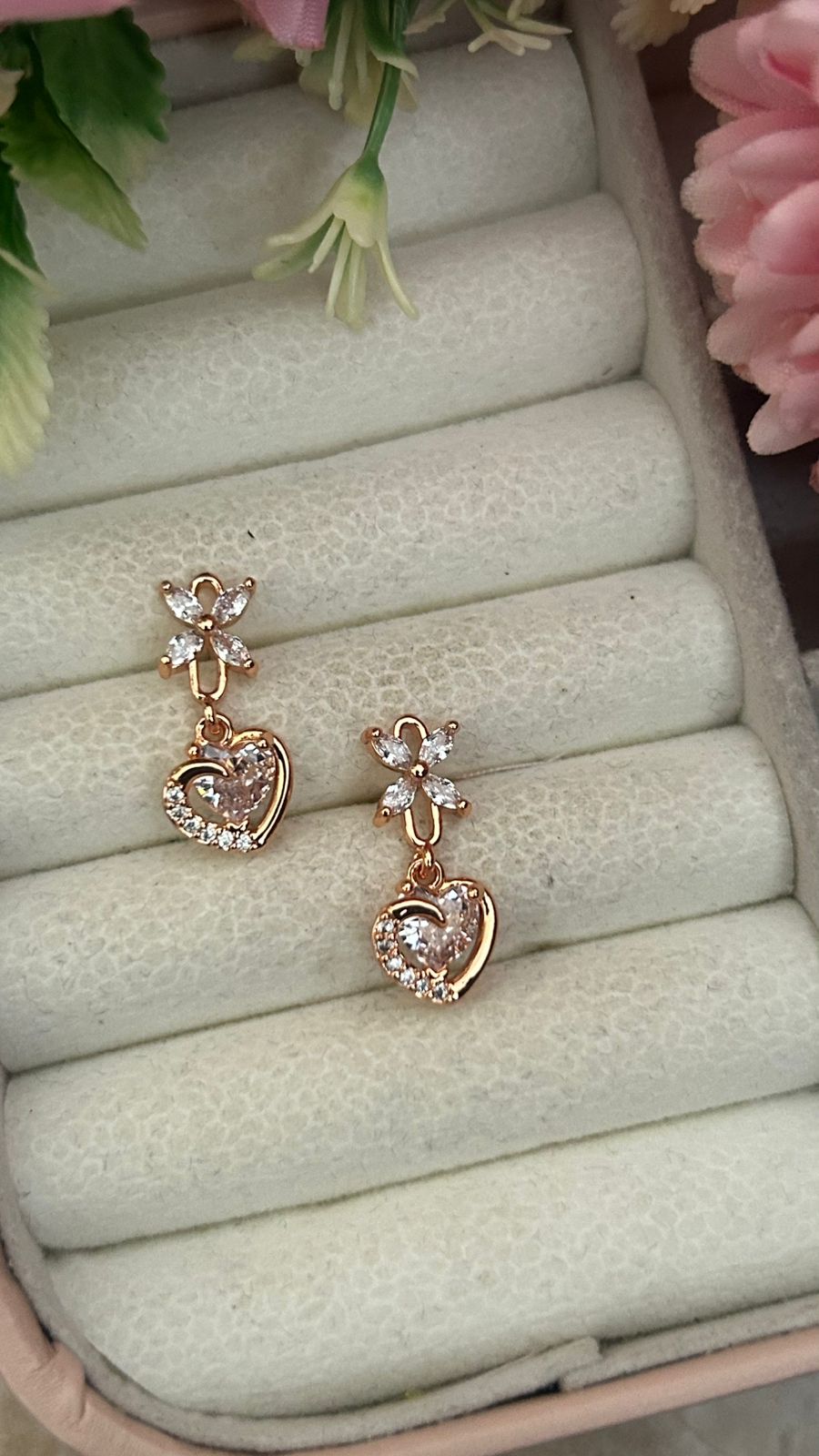 Floral Heart Drop Earrings – Gold-Plated CZ Dangle with Crystal Shine