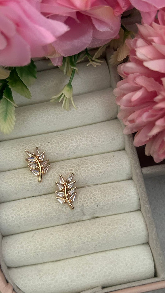 Crystal Leaf Climber Earrings – Gold-Plated CZ Branch Design Studs