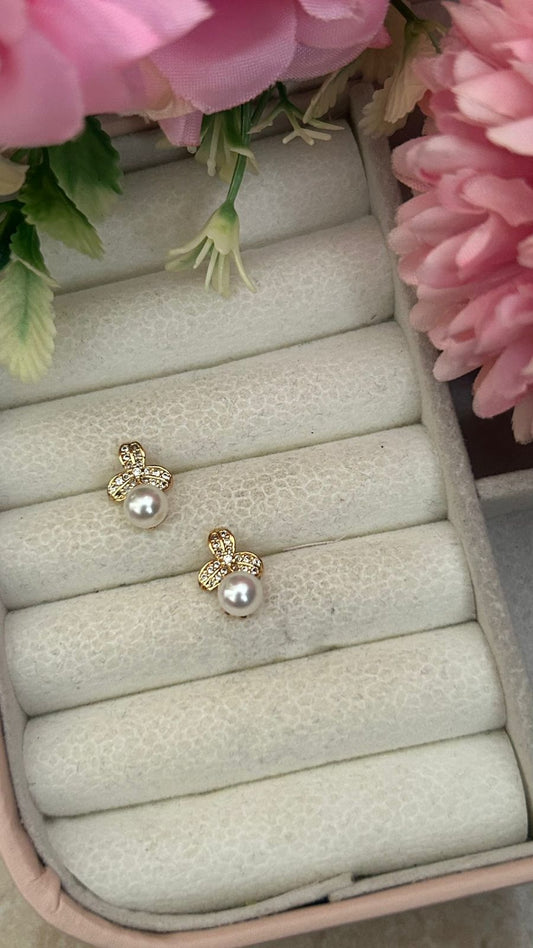 Petite Pearl Drop Earrings – Gold-Plated Bow Studs with Sparkling CZ