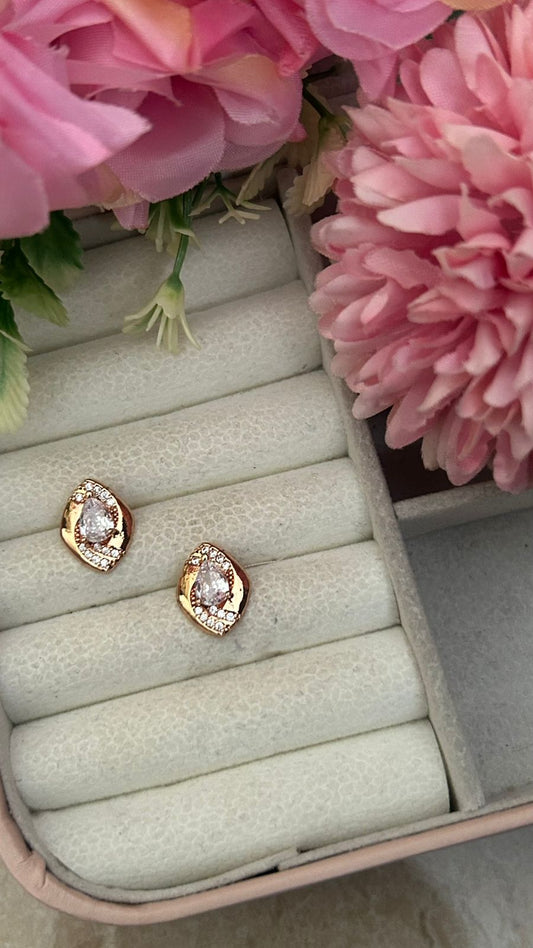 Textured Teardrop CZ Stud Earrings – Gold-Plated Modern Cushion Frame