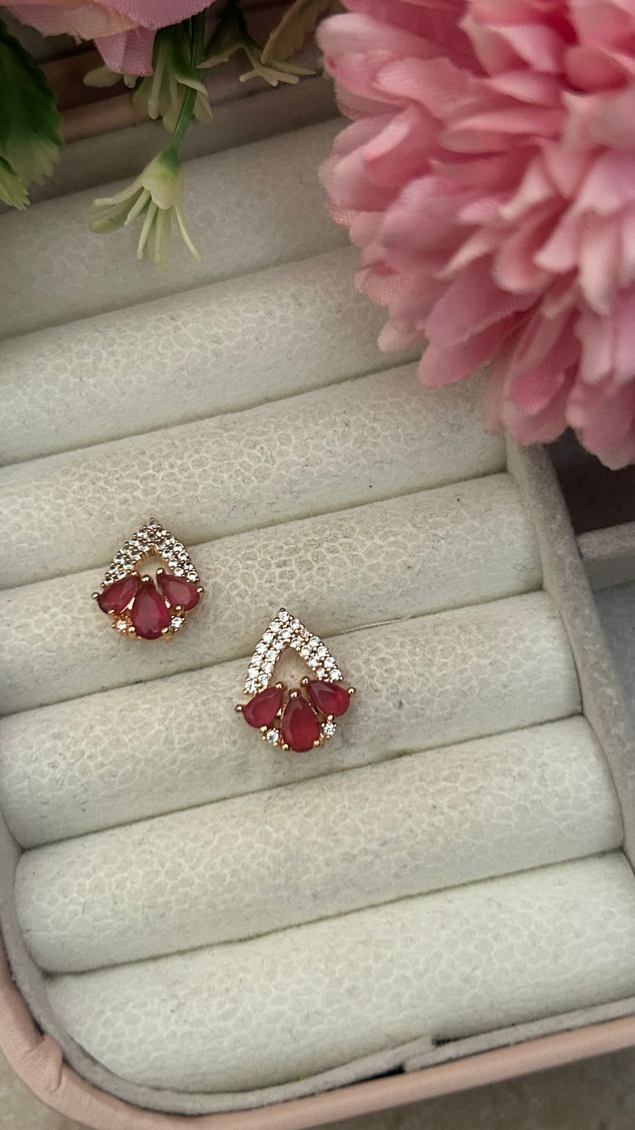 Ruby Teardrop Cluster Earrings – Gold-Plated CZ Studs in Leaf Frame Design
