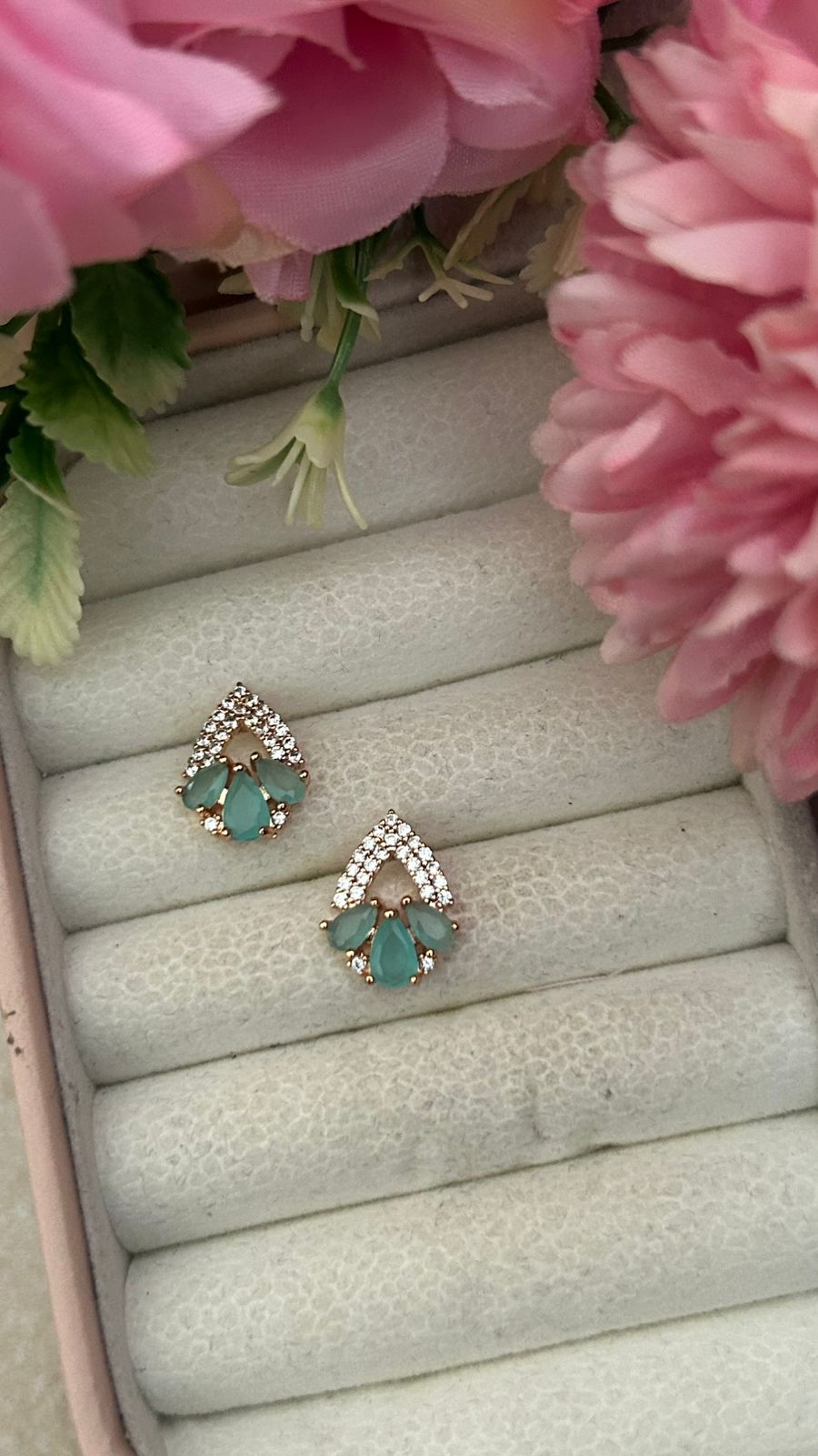 Mint Teardrop Cluster Earrings – Gold-Plated CZ Leaf Frame Studs for Women