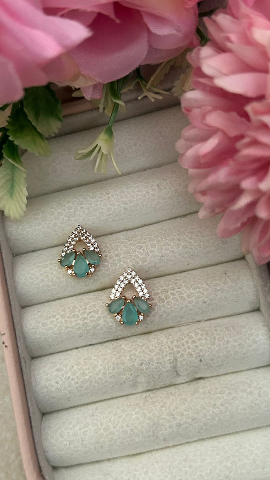 Mint Teardrop Cluster Earrings – Gold-Plated CZ Leaf Frame Studs for Women