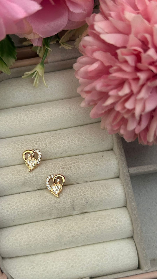 Twin Heart CZ Stud Earrings – Gold-Plated Romantic Love Design