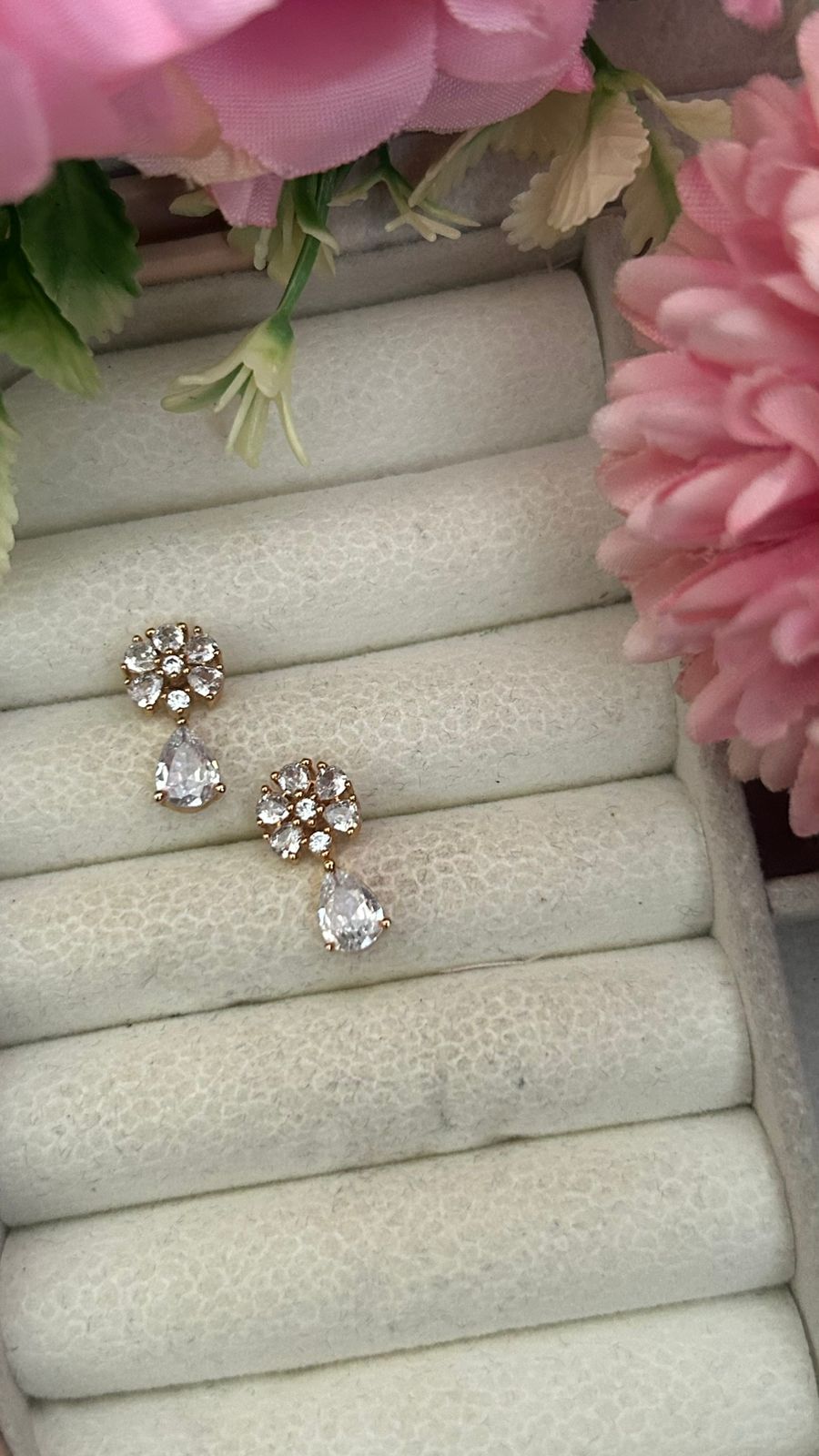 Floral Teardrop CZ Earrings – Gold-Plated Crystal Studs with Elegant Drop