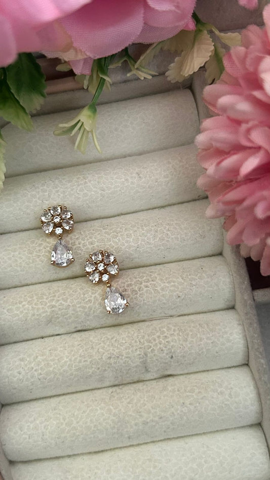 Floral Teardrop CZ Earrings – Gold-Plated Crystal Studs with Elegant Drop