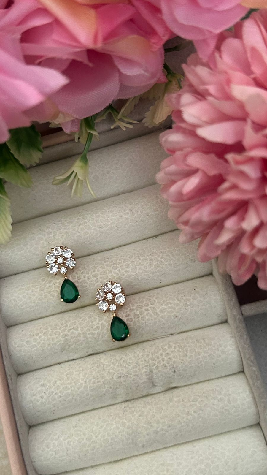 Floral Teardrop CZ Earrings – Gold-Plated Crystal Studs with Elegant Drop