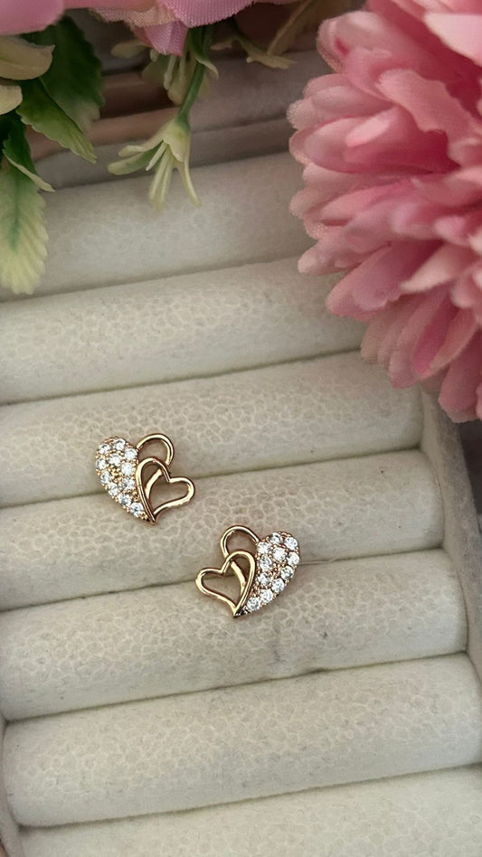 Intertwined Heart CZ Stud Earrings – Gold-Plated Dual Love Design