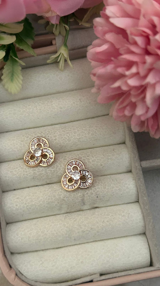 Triple Loop CZ Stud Earrings – Gold-Plated Modern Petal Design with Center Stone