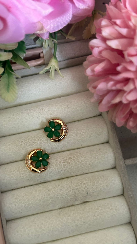 Emerald Moonflower Stud Earrings – Gold-Plated Crescent with Green Petal Bloom