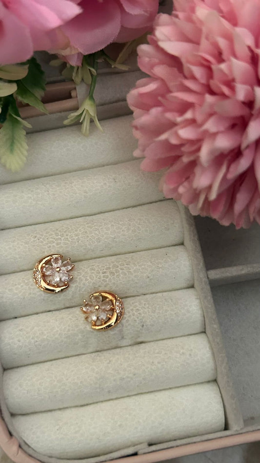 Crystal Moonflower Stud Earrings – Gold-Plated Crescent with White Bloom