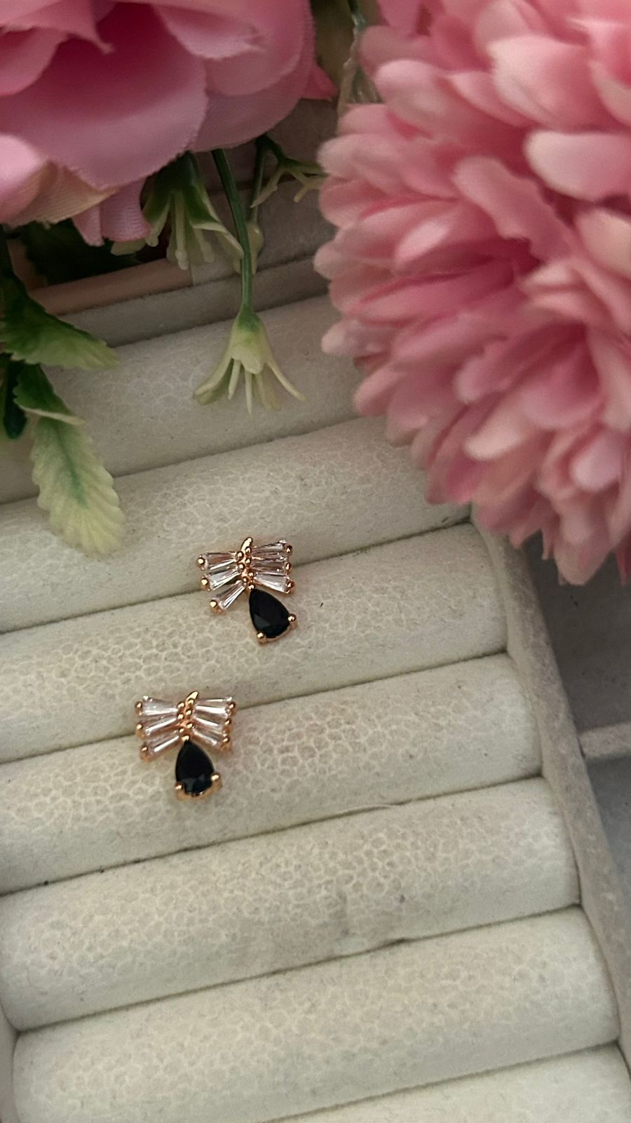 Midnight Bow Drop Earrings – Gold-Plated CZ Studs with Teardrop Charm