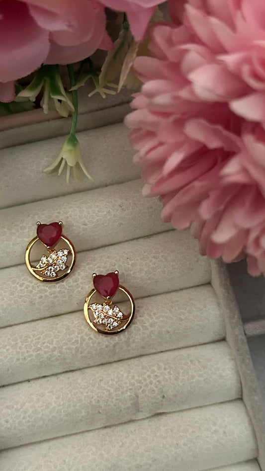 Heart & Leaf Circle Stud Earrings – Gold-Plated CZ Nature Charm