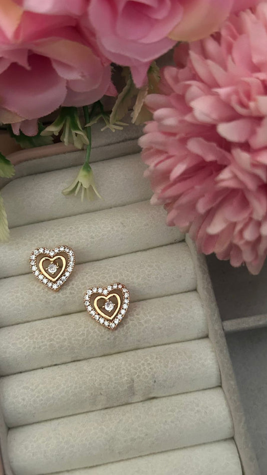 Double Heart Stud Earrings – Gold-Plated CZ Layered Love Design for Women