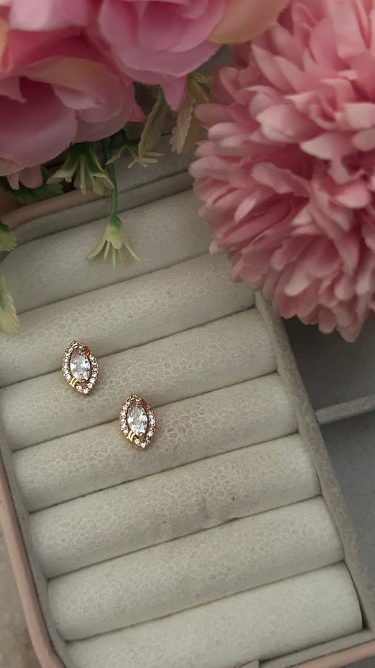 Marquise Stone Stud Earrings – Gold-Plated CZ Halo Design