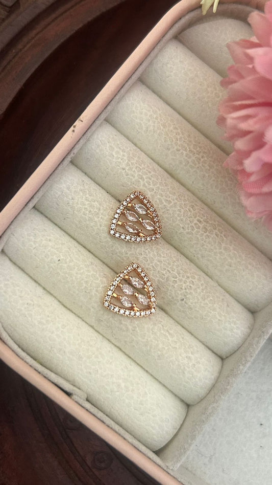 Elegant Leaf Lattice Triangle Stud Earrings – CZ Embellished Gold Plated Design
