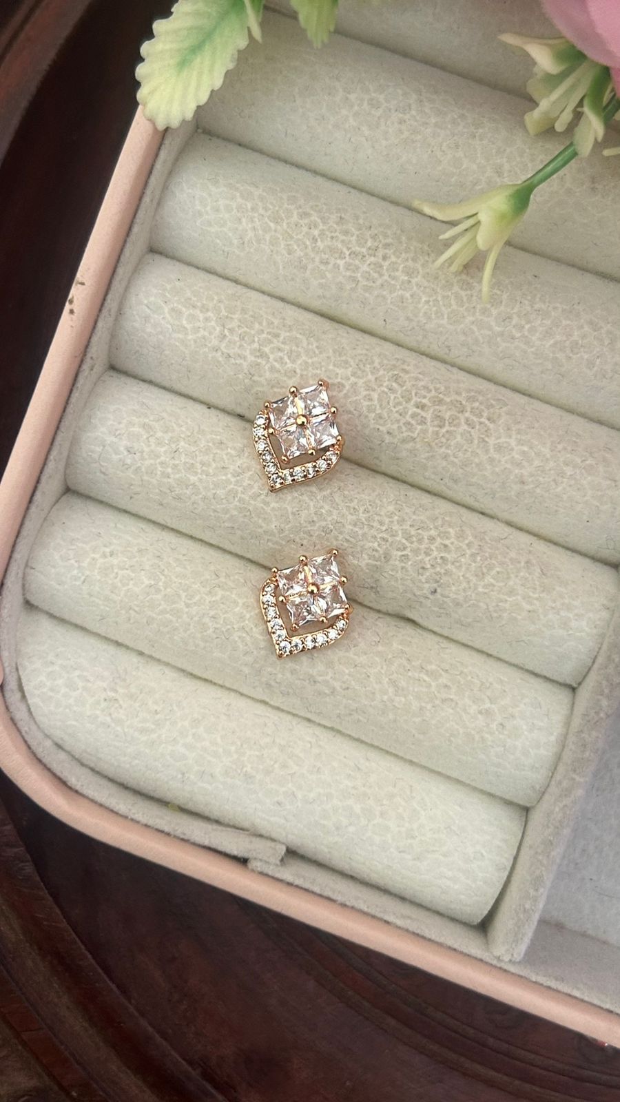 Royal Square-Cut Stud Earrings – Gold Plated Leaf Frame with CZ Stones
