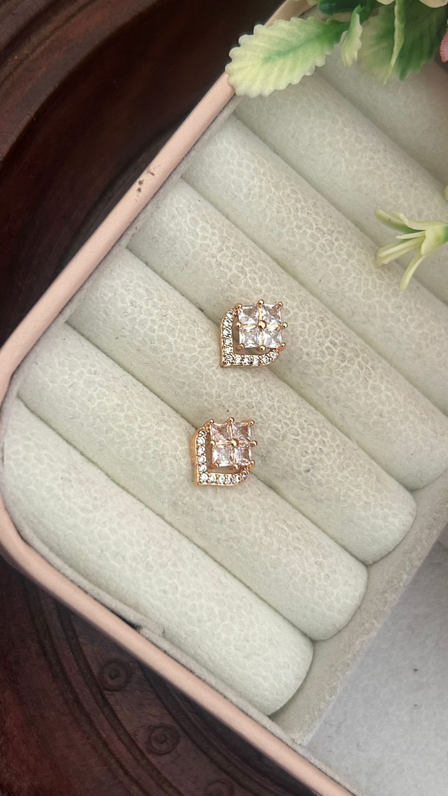 Royal Square-Cut Stud Earrings – Gold Plated Leaf Frame with CZ Stones