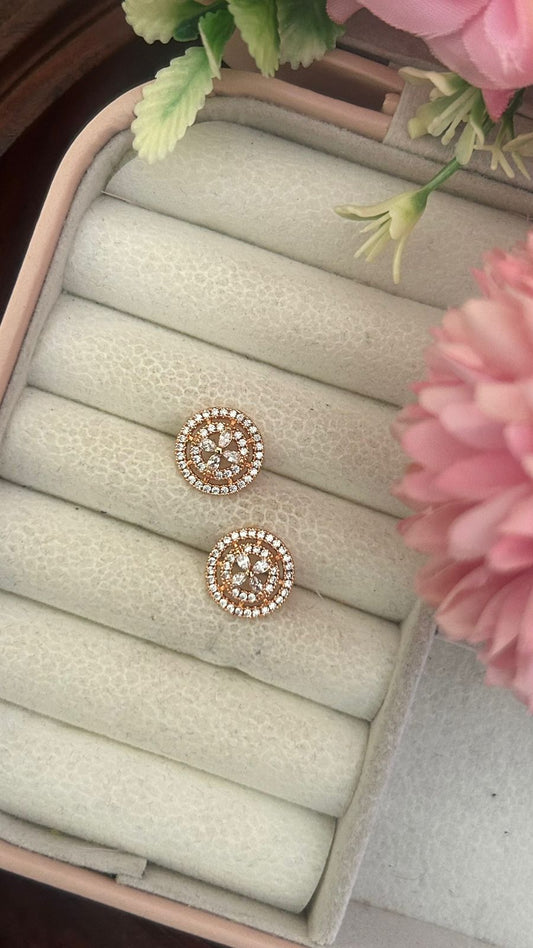 Round Halo CZ Stud Earrings – Dual Circle Design with Floral Center Sparkle