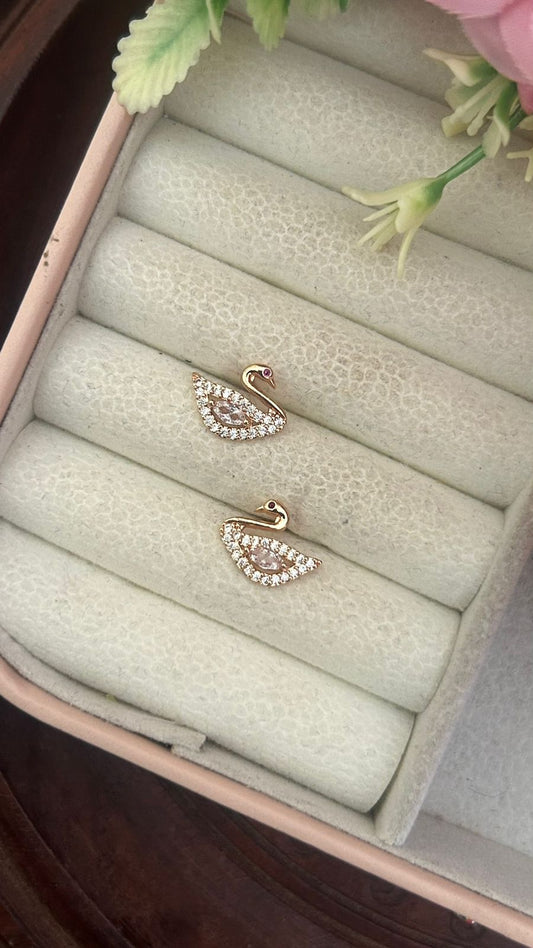 Graceful Swan CZ Stud Earrings – Gold Plated Bird Design with Sparkling Stones