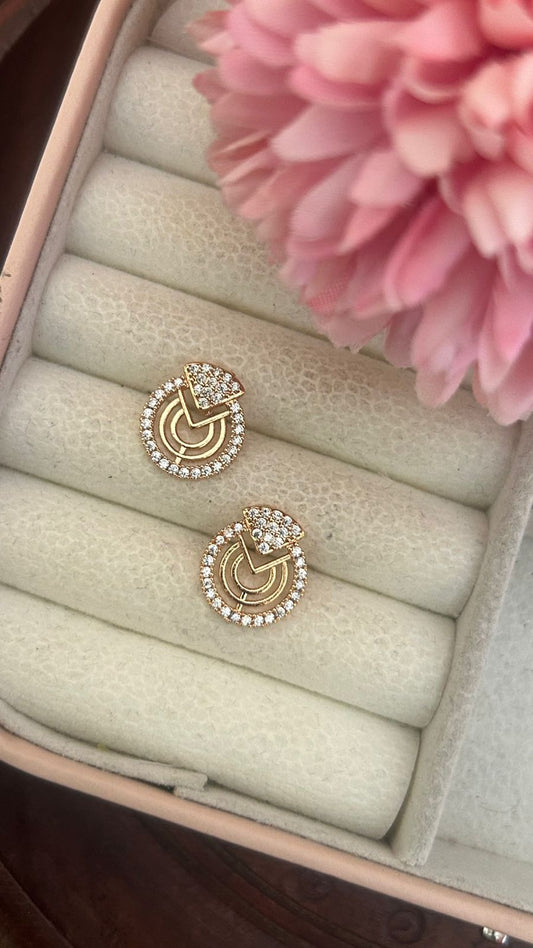 Contemporary Circle Stud Earrings – Gold Plated CZ Accented Geometric Design