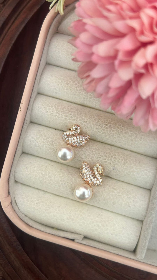 Swan Pearl Drop Earrings – Gold Plated CZ Studs with Elegant Bird Design