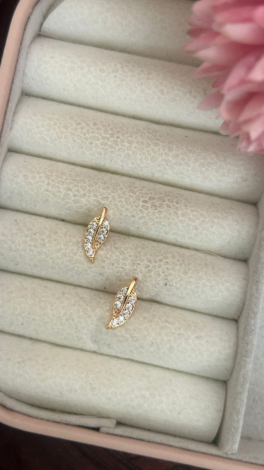 Dainty Leaf CZ Stud Earrings – Nature-Inspired Gold Plated Design for Women