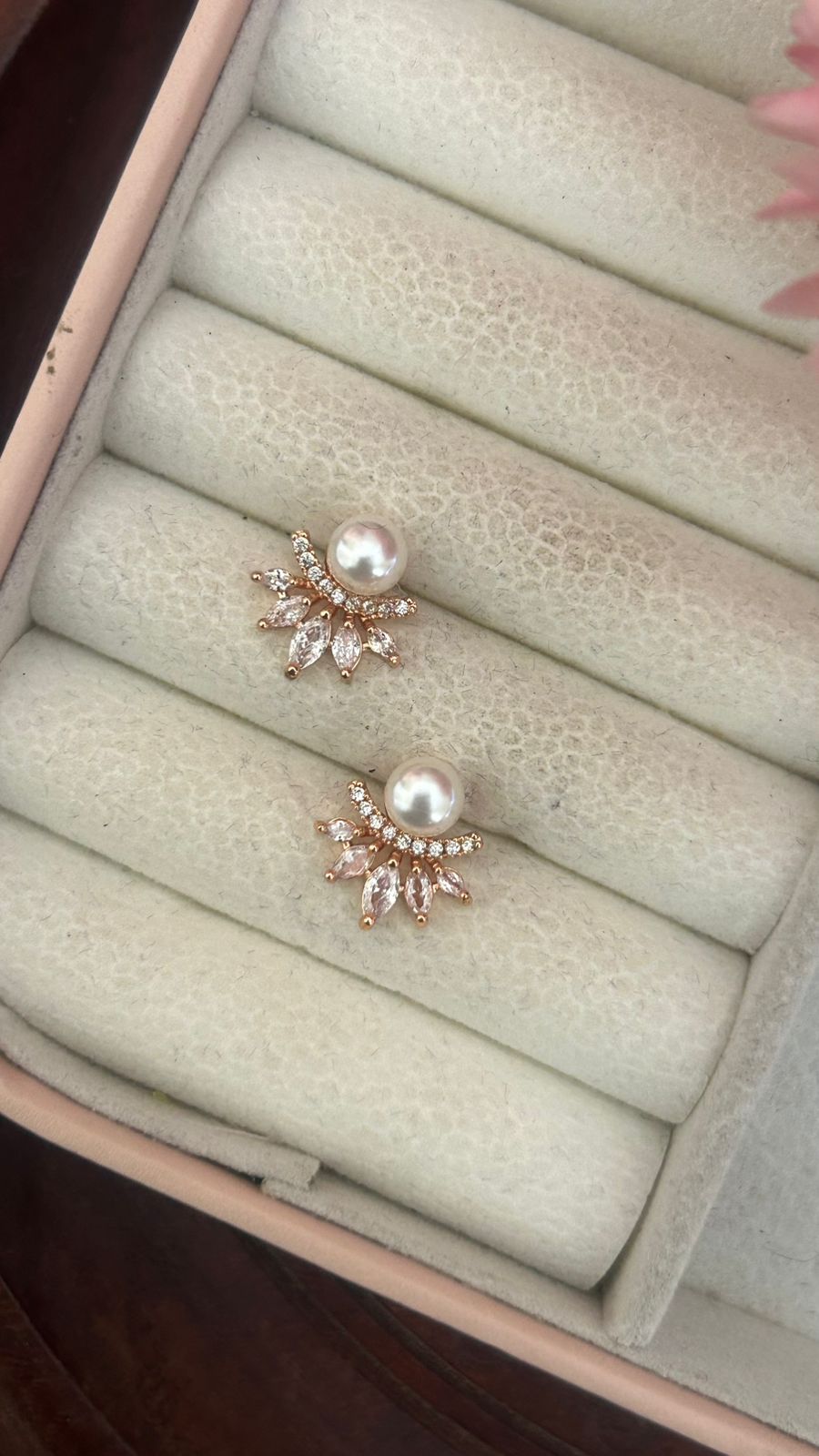 Pearl Drop CZ Fan Stud Earrings – Elegant Gold Plated Design for Women