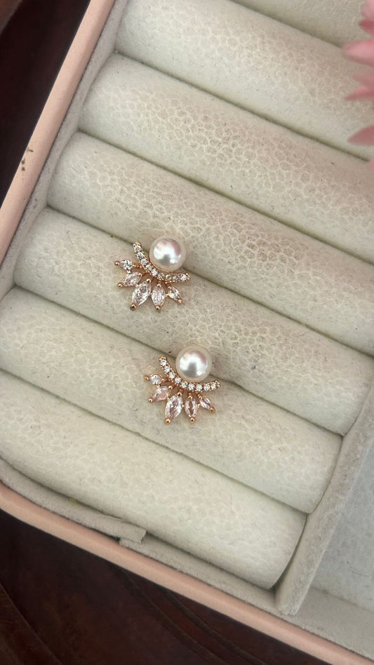 Pearl Drop CZ Fan Stud Earrings – Elegant Gold Plated Design for Women