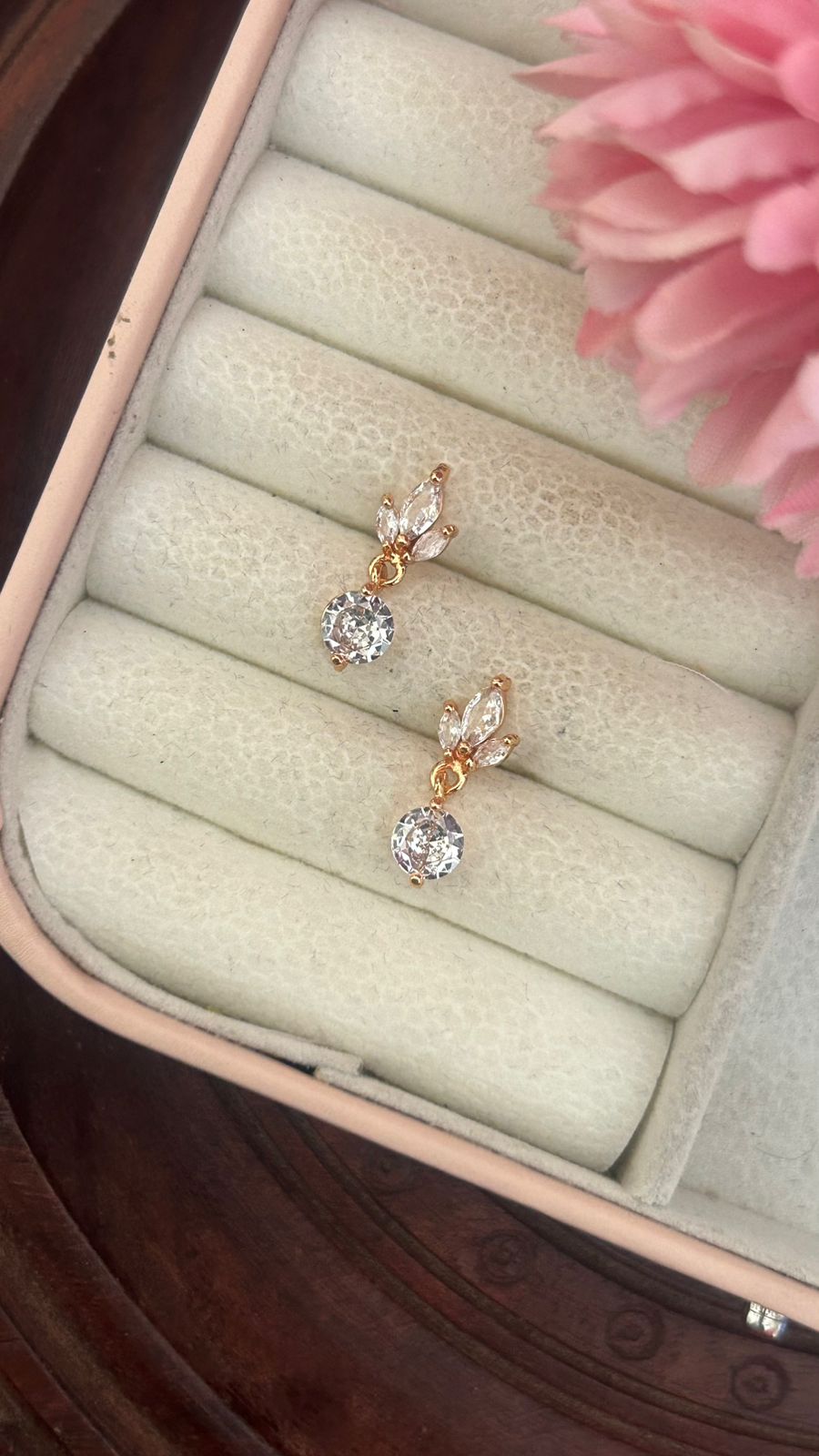 Leaf Crystal Drop Earrings – Dainty CZ Danglers in Gold Finish for Women