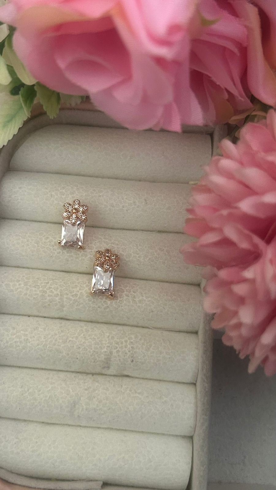 Royal Bloom Crystal Studs – Rectangular Sparkle with Floral Crown