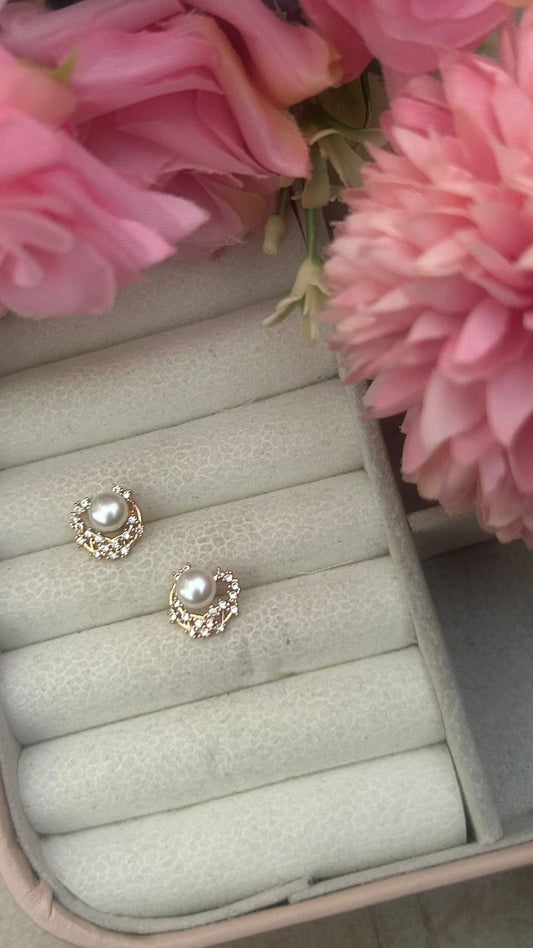 Celeste Pearl Halo Studs – Classic Elegance with Crystal Wreath Design