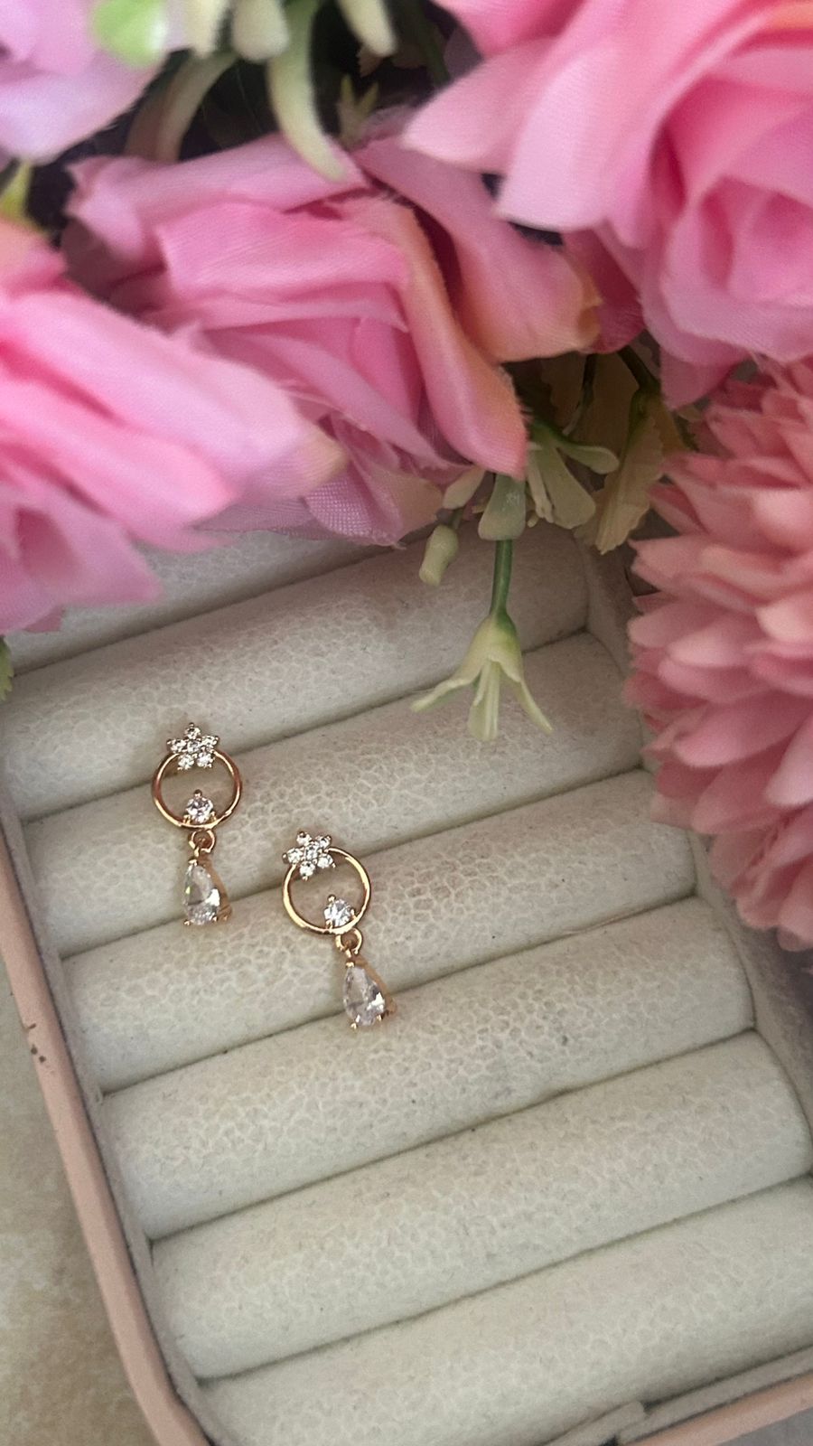 Blossom Drop Hoop Earrings – Floral Circle Dangles with Crystal Teardrop