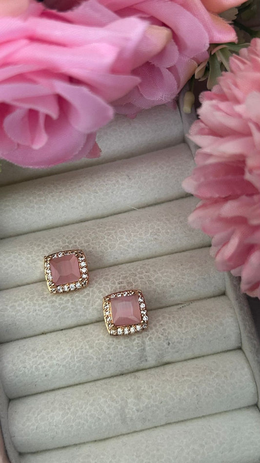 Elegant Princess-Cut CZ Stud Earrings with Halo Setting for Women
